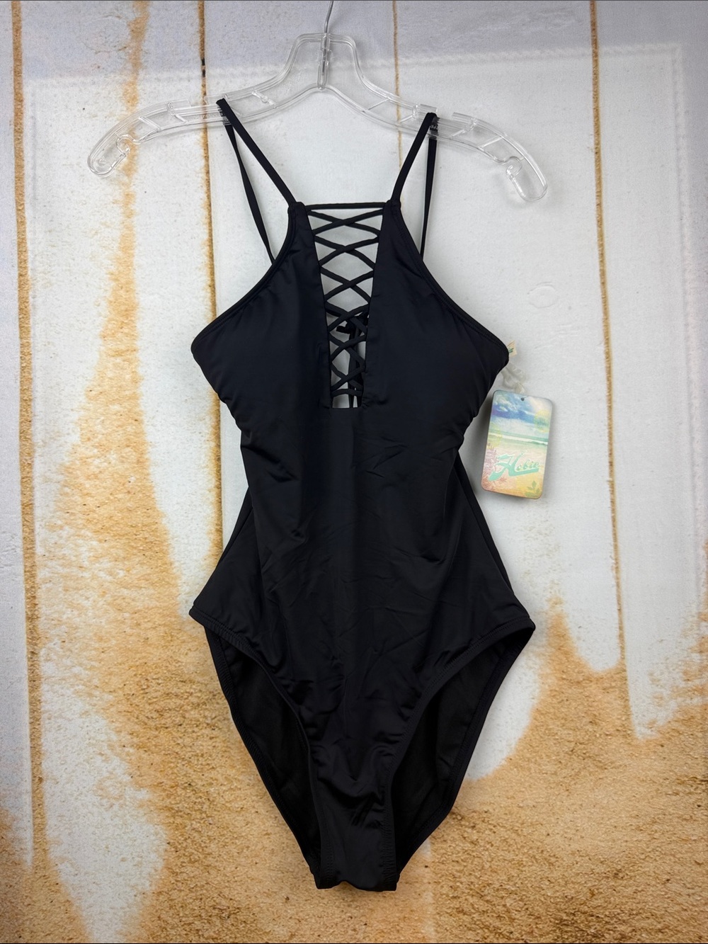 Hobie Women's  High Neck Strappy Front One Piece Black Swimsuit Size S
